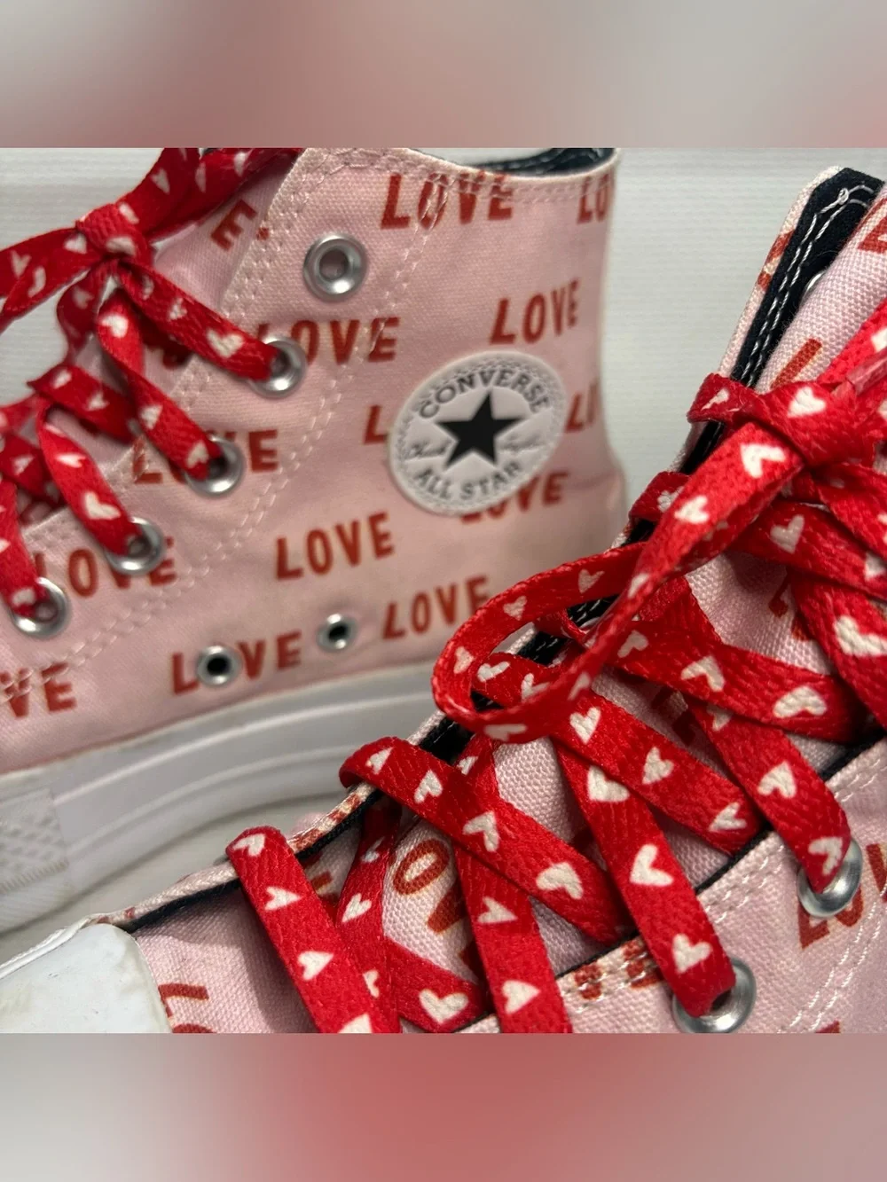 Converse High-Top 'LOVE' Print Sneakers - Pink with Red Laces